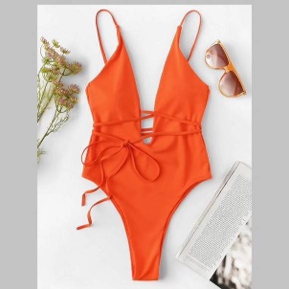 Other - Orange Belted  Plunging Neckline 1 Piece